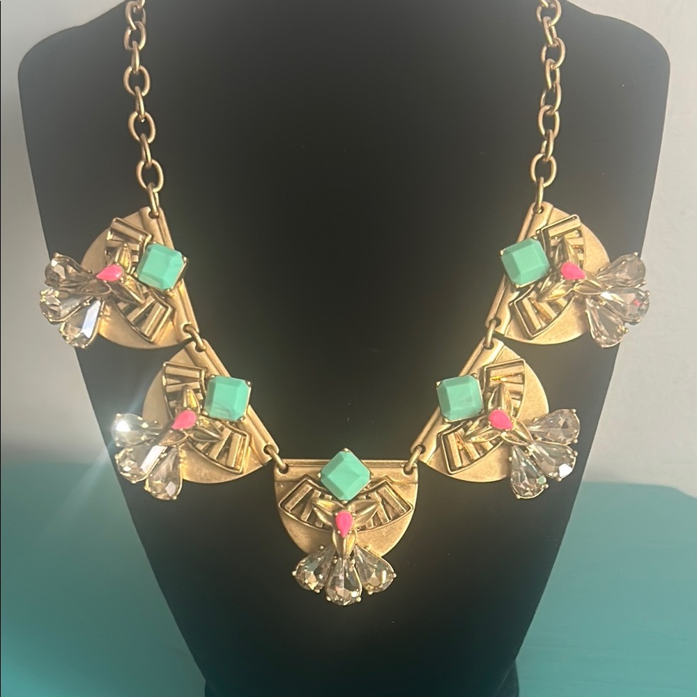 Stella and Dot Art Deco Gold Tone Turquoise Rhinestone Statement Necklace